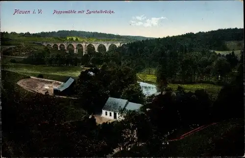 Ak Plauen im Vogtland, Poppenmühle mit Syratalbrücke, Panorama