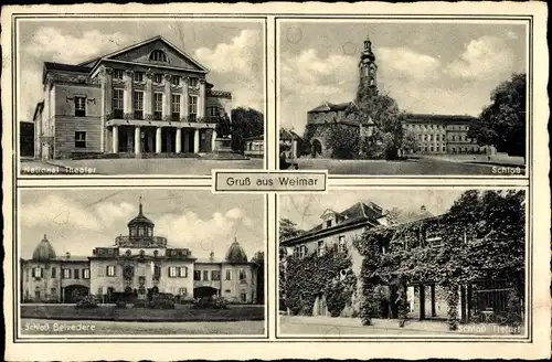Ak Weimar in Thüringen, National Theater, Schloss, Schloss Belvedere, Schloss Tiefurt