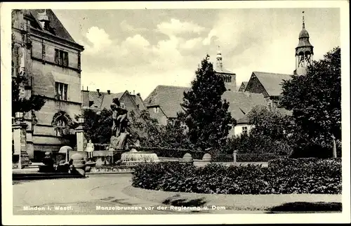 Ak Minden in Westfalen, Manzelbrunnen vor der Regierung u. Dom