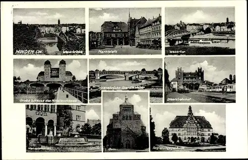 Ak Minden in Westfalen, Staatsbahnhof, Kanalbrücke, Schleuse, Dom, Wesertor, Marktplatz