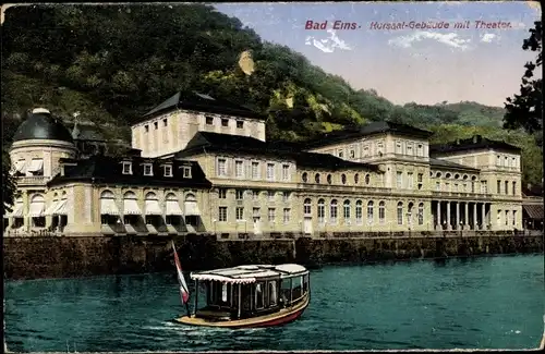 Ak Bad Ems an der Lahn, Kursaal-Gebäude mit Theater, Boot