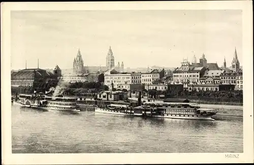 Ak Mainz am Rhein, Stadt, Kirchtürme, Schiffe, Promenade