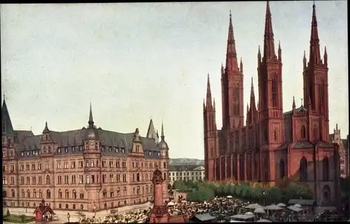 Ak Wiesbaden, Marktplatz mit ev. Hauptkirche, Rathaus