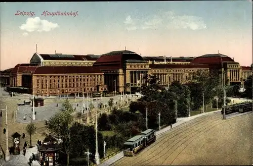 Ak Leipzig in Sachsen, Hauptbahnhof, Außenansicht, Straßenbahn