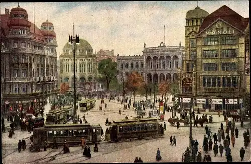 Ak Berlin Tiergarten, Potsdamer Platz, Passanten, Straßenbahn, Geschäfte