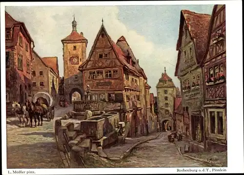 Künstler Ak Mößler, Ludwig, Rothenburg ob der Tauber Mittelfranken, Partie am Plönlein, Kutsche