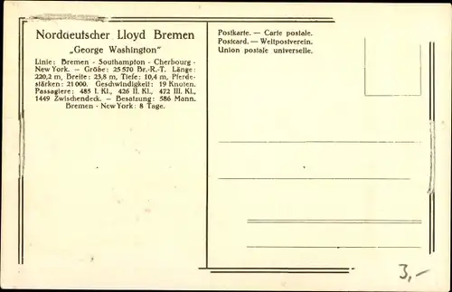 Ak Dampfschiff George Washington, Norddeutscher Lloyd Bremen, Doppelschrauben Salondampfer