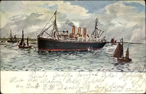 Künstler Ak Dampfschiff umgeben von Segelbooten im Hafen, Trenkler 591 2