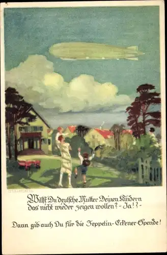 Künstler Ak Amtsberg, Otto, Deutsche Mutter zeigt Kindern Luftschiff, Zeppelin Eckener Spende