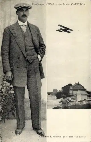 Ak L'Aviateur Duval et son biplan Caudron, Flugpionier, Flugzeug
