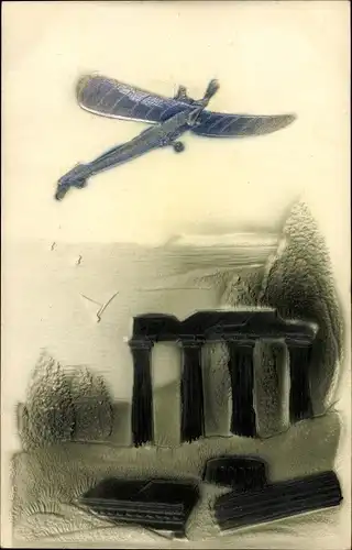 Präge Ak Aviation, Flugzeug über Ruinen, Säulen