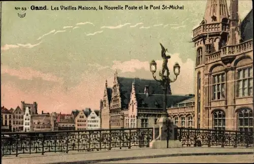 Ak Gand Gent Ostflandern, Les Vieilles Maisons, la Nouvelle Poste et le Pont St. Michel