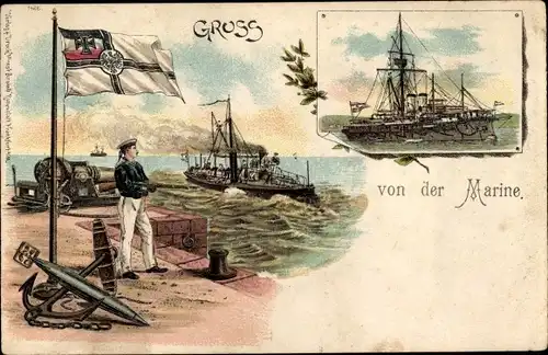 Litho Deutsche Kriegsschiffe, Marinesoldat, Fahne, Anker