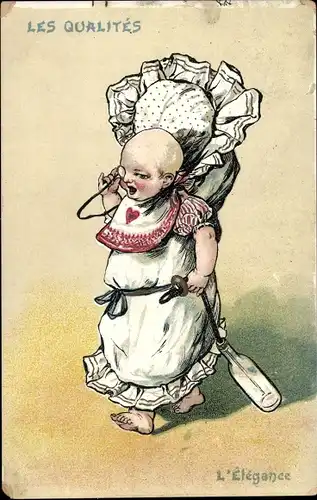 Ak Kind mit Milchflasche, Monokel, Les Qualites, L'Elegance