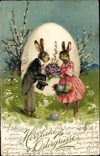 Ak Glückwunsch Ostern, Osterhasen, Blumenstrauß, Liebespaar, Osterei, Weidenkätzchen