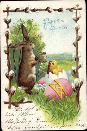 Passepartout Ak Glückwunsch Ostern, Osterhase, Osterei, Küken ist geschlüpft, Weidenkätzchen