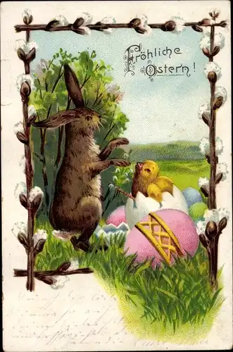 Passepartout Ak Glückwunsch Ostern, Osterhase, Osterei, Küken ist geschlüpft, Weidenkätzchen
