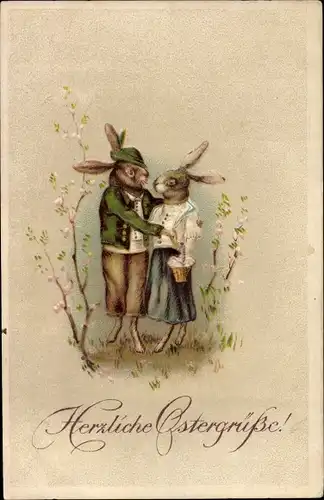 Ak Glückwunsch Ostern, Osterhasen, Liebespaar, Blumen