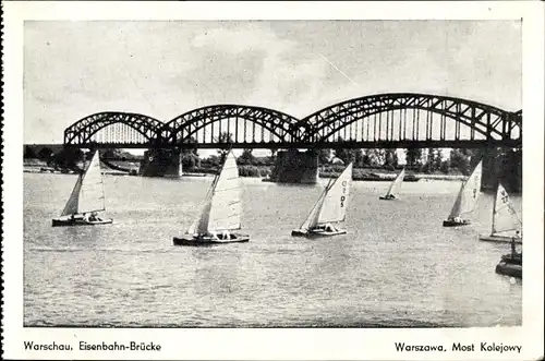 Ak Warszawa Warschau Polen, Eisenbahn-Brücke, Most Kolejowy, Segelpartie