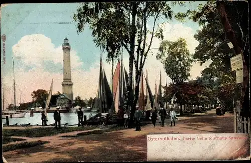 Ak Chorzelin Osternothafen Świnoujście Swinemünde Pommern, Partie am Kurhaus Sanssouci, Leuchtturm