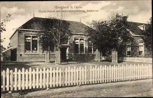 Ak Hoogkerk Groningen, Christl. School met Onderwizerswoning, Kerkstraat