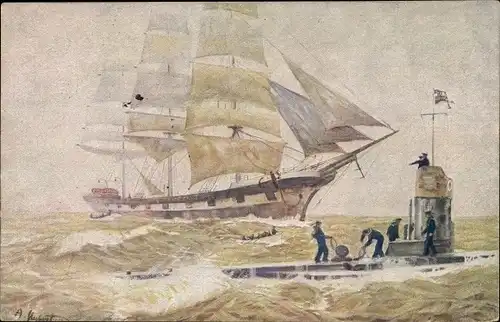 Künstler Ak Hubert, A., Deutsches U Boot, Tauchboot versenkt feindlichen Segler