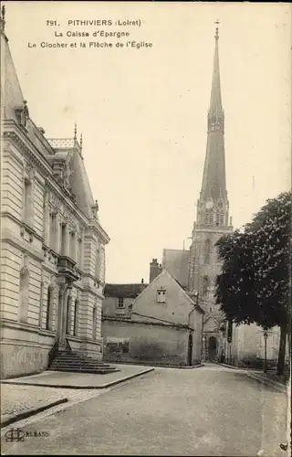 Ak Pithiviers Loiret, La Caisse d'Epargne, Eglise