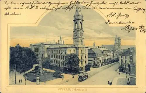 Ak Zittau in Sachsen, Johanneum, Straßenbahn