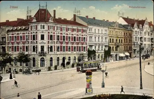 Ak Zittau in Sachsen, Bahnhofstraße, Straßenbahn