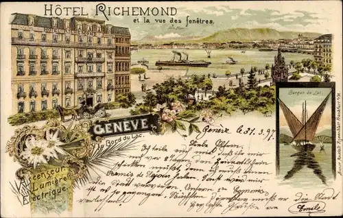 Litho Genève Genf Schweiz, Hotel Richemond au Bord du Lac, Barque