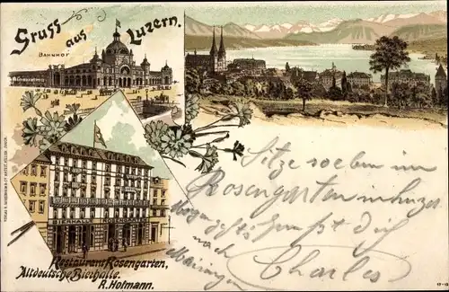 Litho Luzern Stadt Schweiz, Bahnhof, Restaurant Rosengarten, Altdeutsche Bierhalle