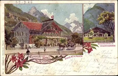 Litho Innertkirchen Kanton Bern, Hotel Alpenrose, Bauernhaus