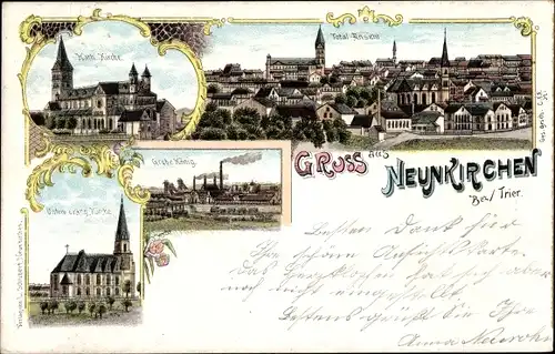 Litho Neunkirchen im Saarland, Panorama, Kath. Kirche, Grube König, Ev. Kirche