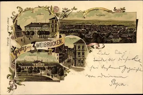 Litho Zweibrücken in der Pfalz, Schloss, Bahnhof, Hauptstraße, Panorama