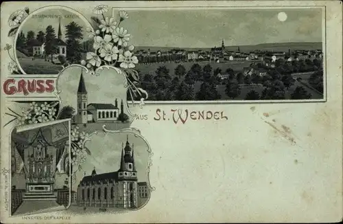 Mondschein Litho Sankt Wendel im Saarland. St. Wendelins Kapelle, Kirche, Panorama