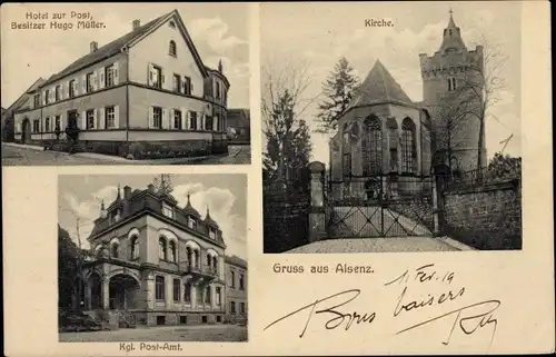 Ak Alsenz in der Pfalz, Kirche, Hotel zur Post, Kgl. Postamt