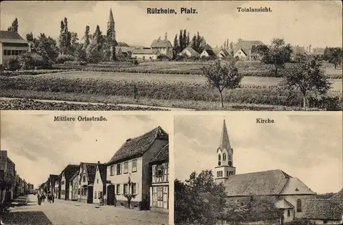 Ak Rülzheim in der Pfalz, Gesamtansicht, Mittlere Ortsstraße, Kirche
