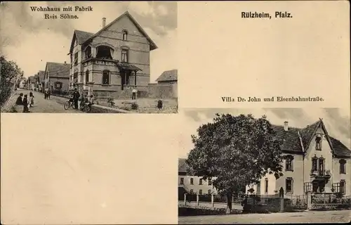 Ak Rülzheim in der Pfalz, Wohnhaus mit Fabrik Reis Söhne, Villa Dr. John, Eisenbahnstraße