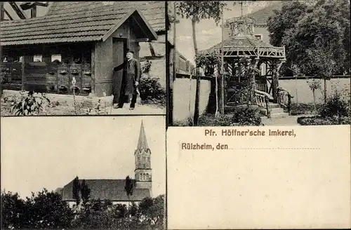 Ak Rülzheim in der Pfalz, Pfr. Höffner'sche Imkerei, Kirche