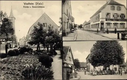 Ak Westheim in der Pfalz, Kirche, Gemeindehaus, Straßenpartien, Gasthaus
