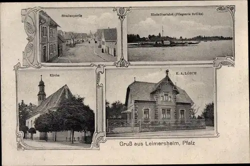 Ak Leimersheim in der Pfalz, Straßenpartie, Rhein-Fähre, Kirche, Geschäft