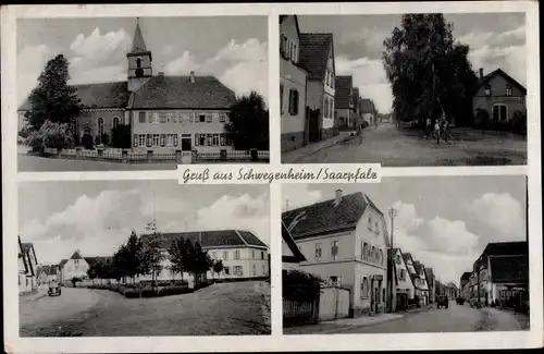 Ak Schwegenheim in der Pfalz, Kirche, Straßenpartien, Geschäft Otto Hartmann