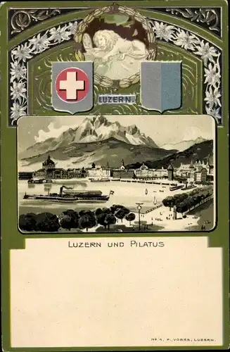Präge Wappen Passepartout Litho Luzern Stadt Schweiz, Stadtpanorama mit Pilatus