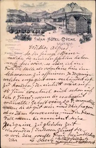 Litho Luzern Stadt Schweiz, Swan Hotel, Hotel Cygne