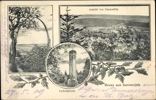 Ak Dannenfels am Donnersberg Pfalz, Panorama, Moltkefelsen, Ludwigsturm