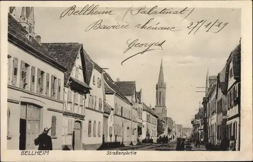 Ak Bellheim in der Pfalz, Straßenpartie, Kirche