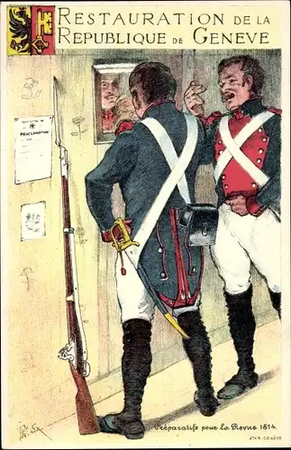 Künstler Ak Restauration de la République de Geneve, Préparatifs pour la Revue 1814