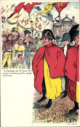 Künstler Ak Le Cortège du 1er Juin 1814 vient d'entrer par la porte de Rive