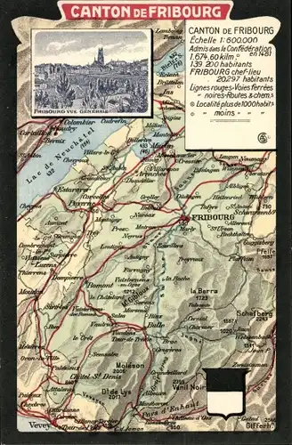Landkarten Ak Fribourg Freiburg Stadt Schweiz, Canton de Fribourg, Lac de Neuchatel
