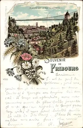 Litho Fribourg Freiburg Stadt Schweiz, Vue générale, Le Pont du Gotteron